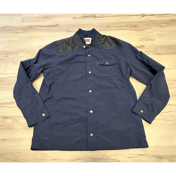 Levis Men Large Jacket Shirt Windbreaker Rain Pockets Blue New - Picture 1 of 8